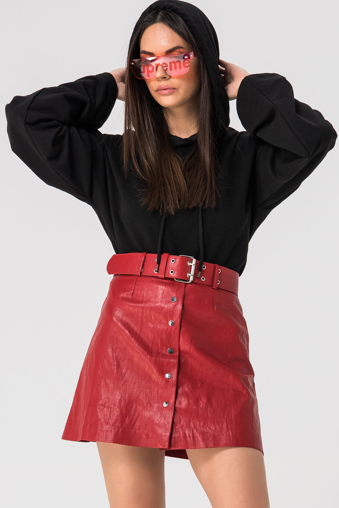 red faux leather mini skirt
