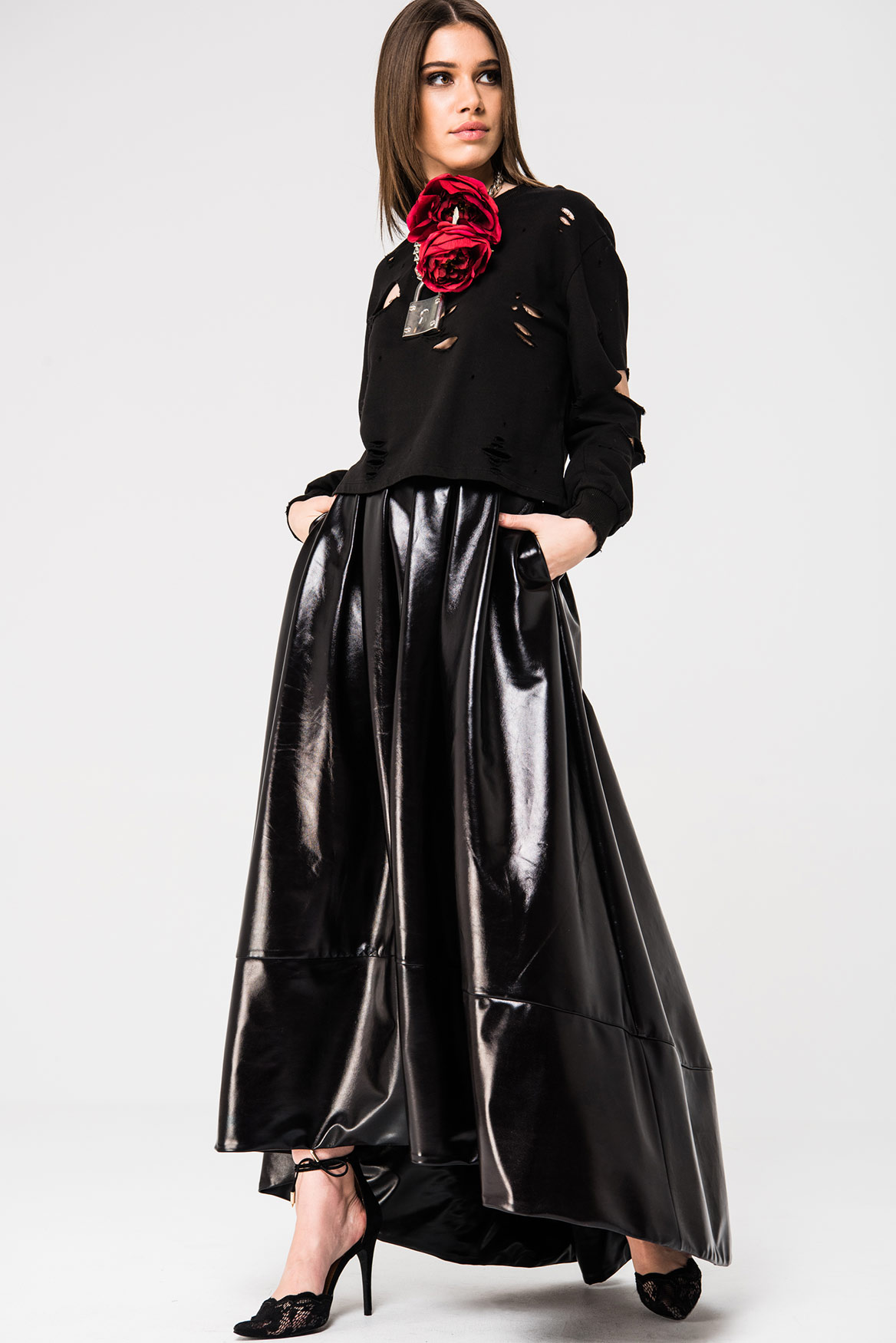 Pleated High Low Faux Leather Maxi ...