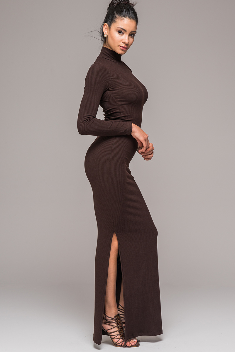 Long Sleeve Dark Brown Slit Maxi Dress ...
