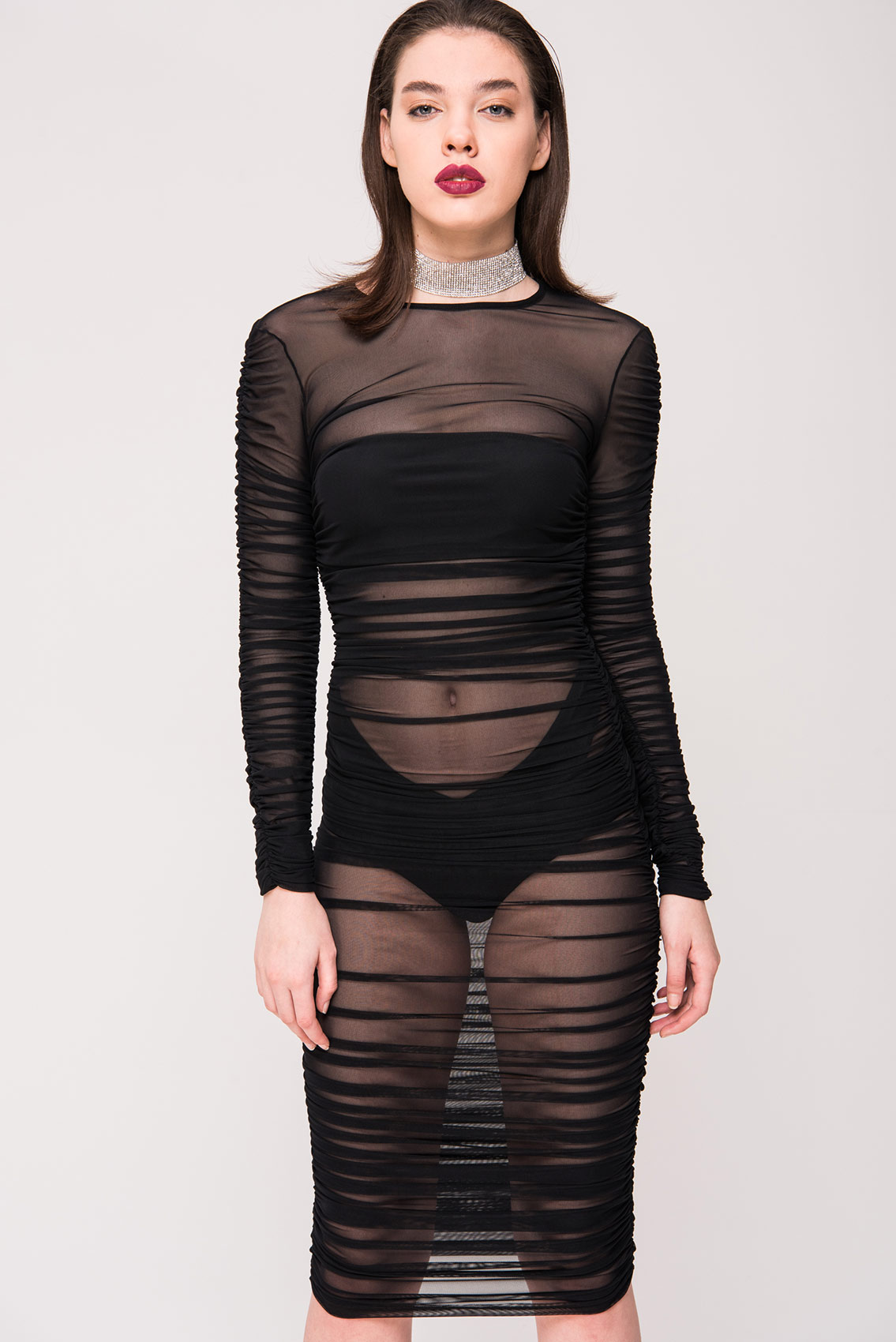 Black Sheer Mesh Ruched Long Sleeve Bodycon Dress