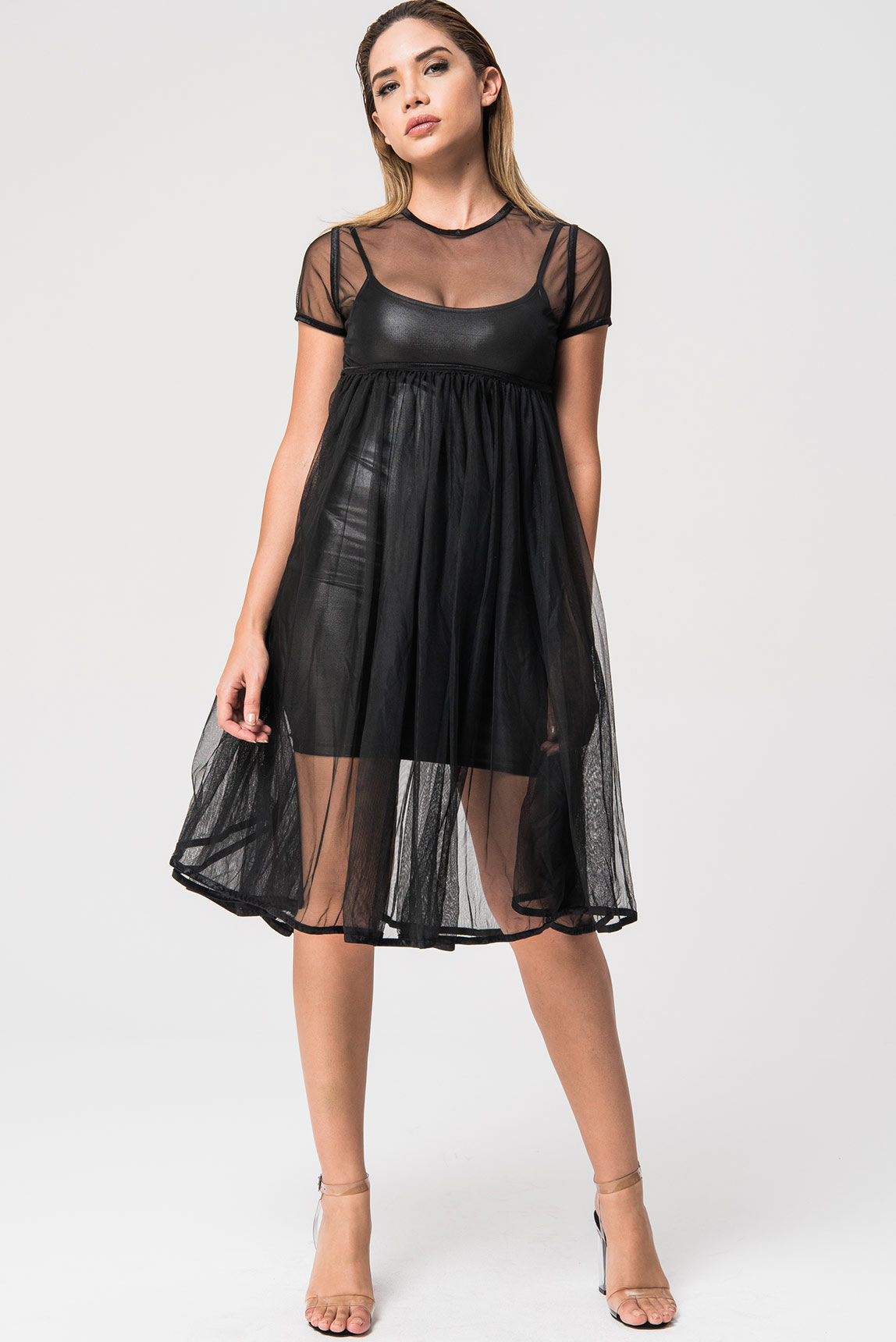 black dress with sheer short sleeves