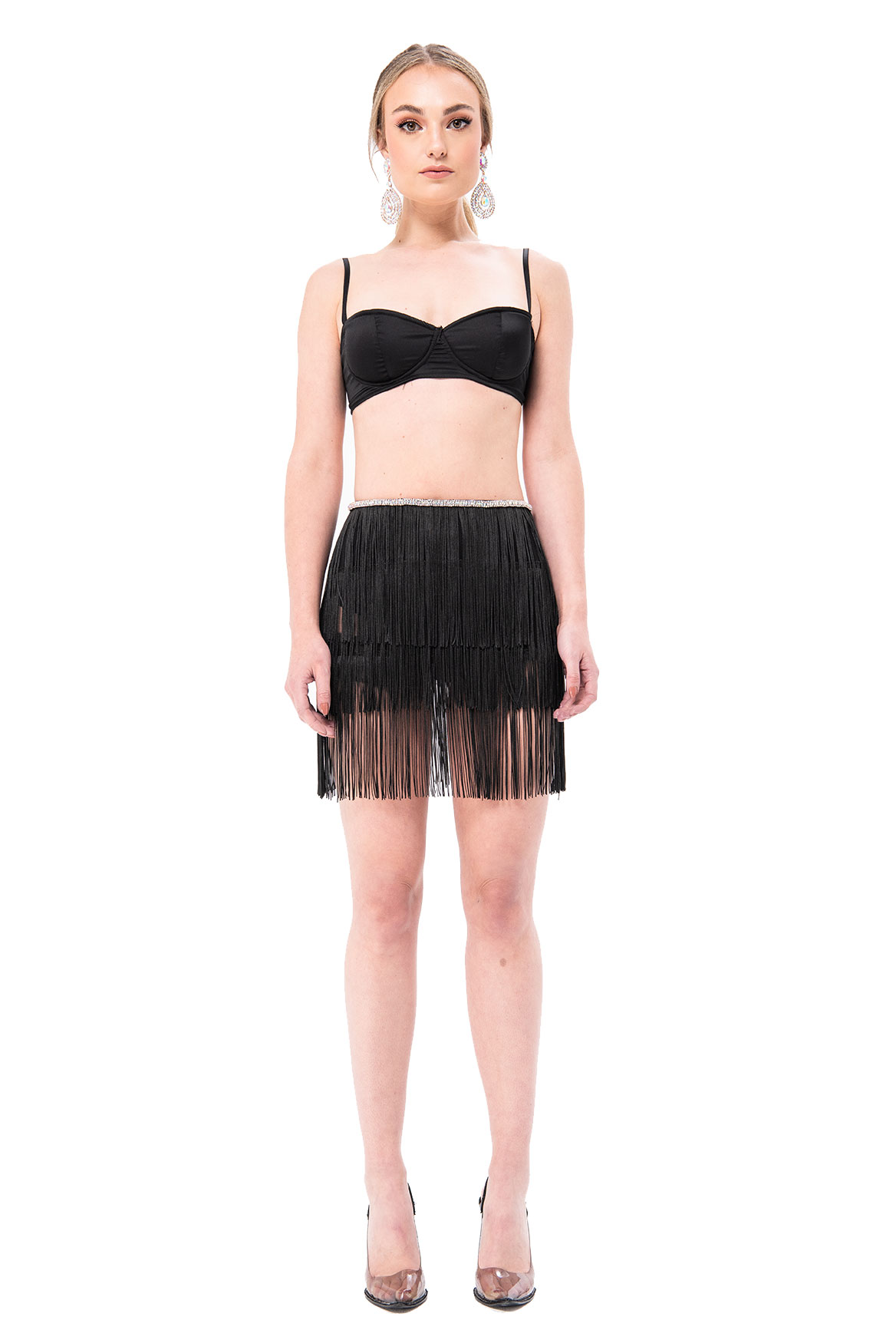 black tiered fringe mini skirt