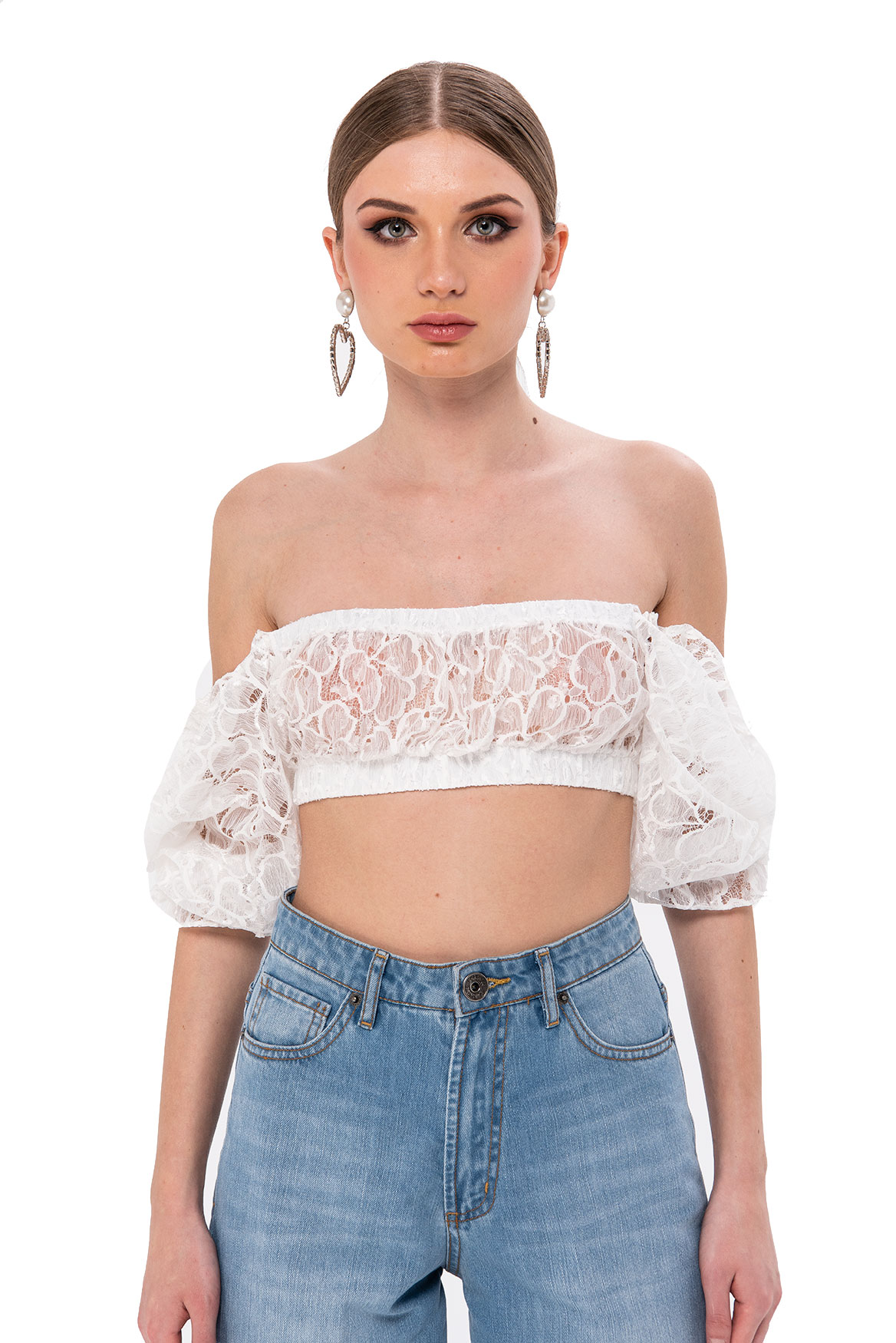 Sheer Offwhite Lace Off Shoulder Crop Top