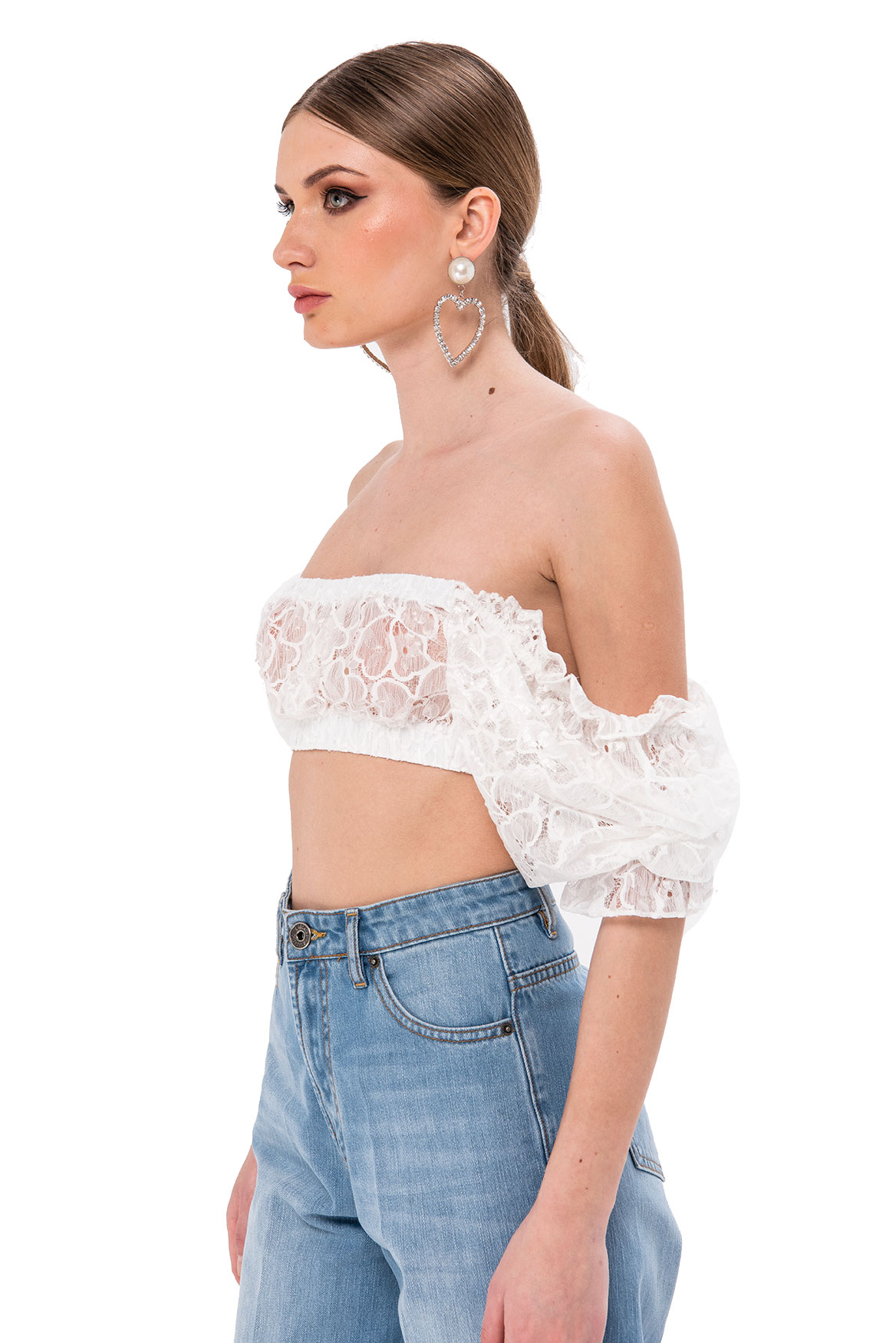 Sheer Offwhite Lace Off Shoulder Crop Top