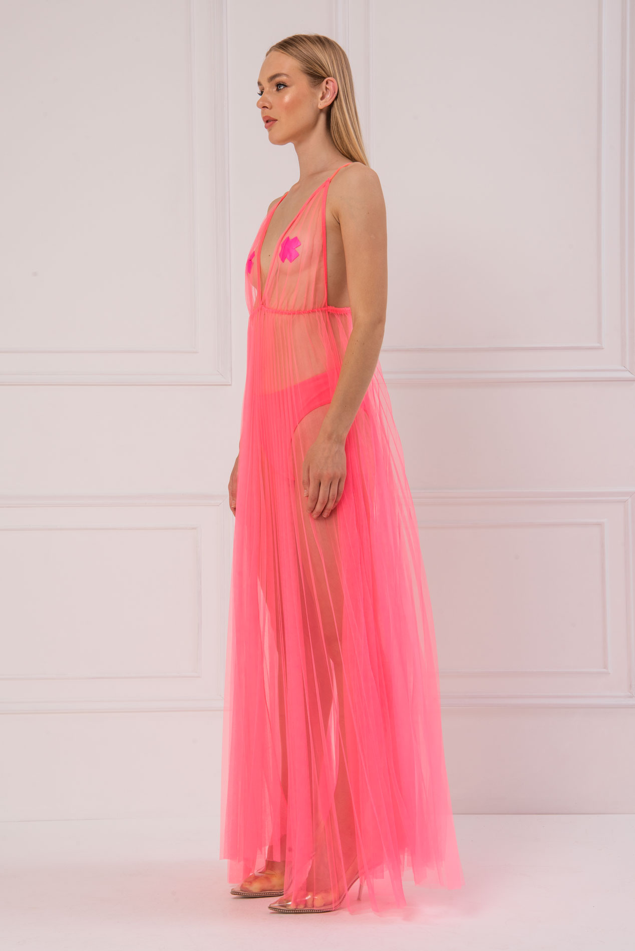 Sheer Maxi Neon Pink Dress | Kikiriki