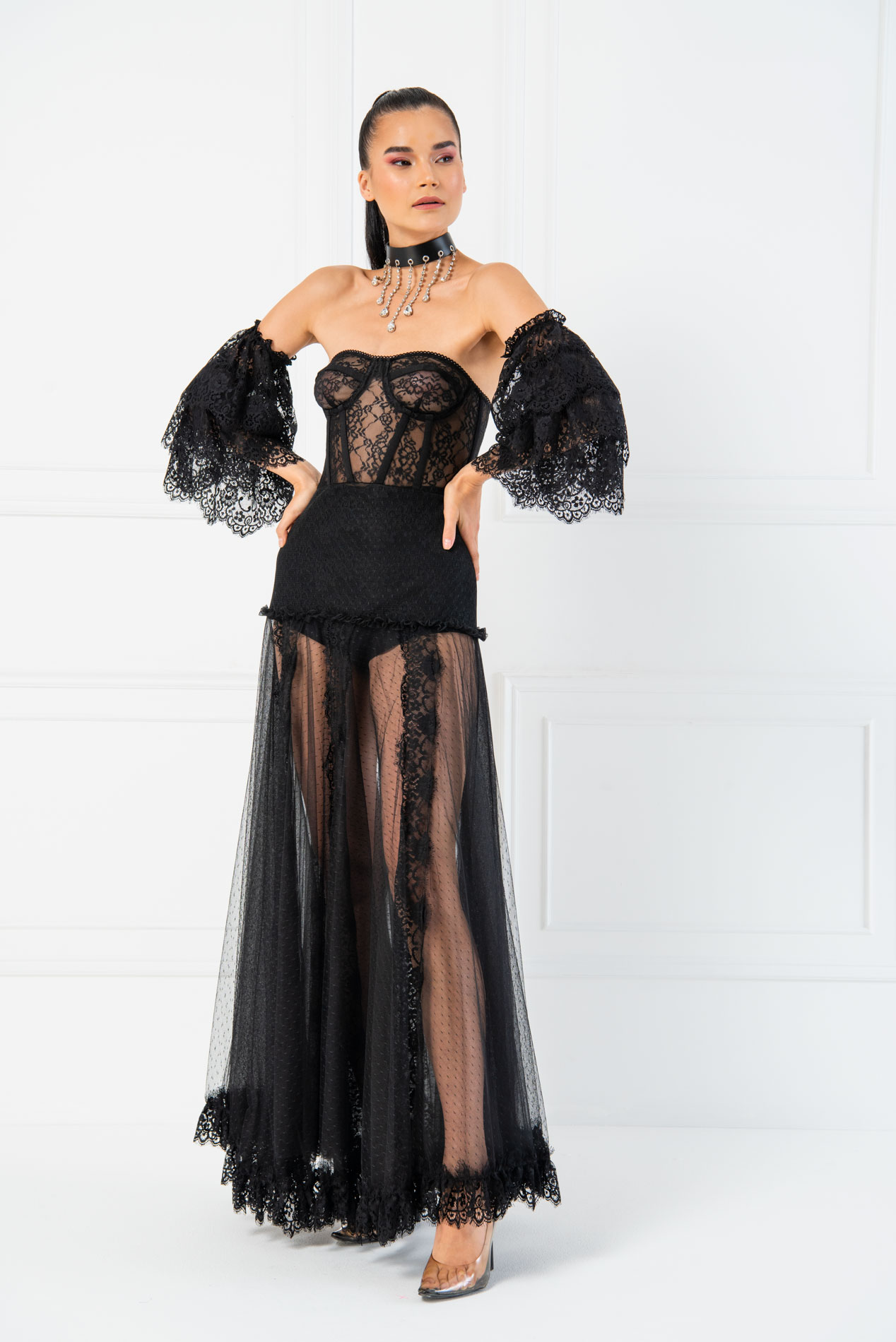 Sheer Black Lace Dress With Detached Sleeves