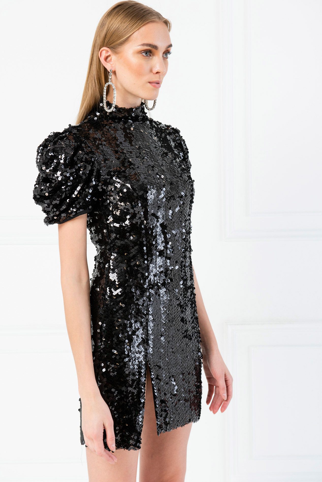 Puff-Sleeve Black Sequin Mini Dress