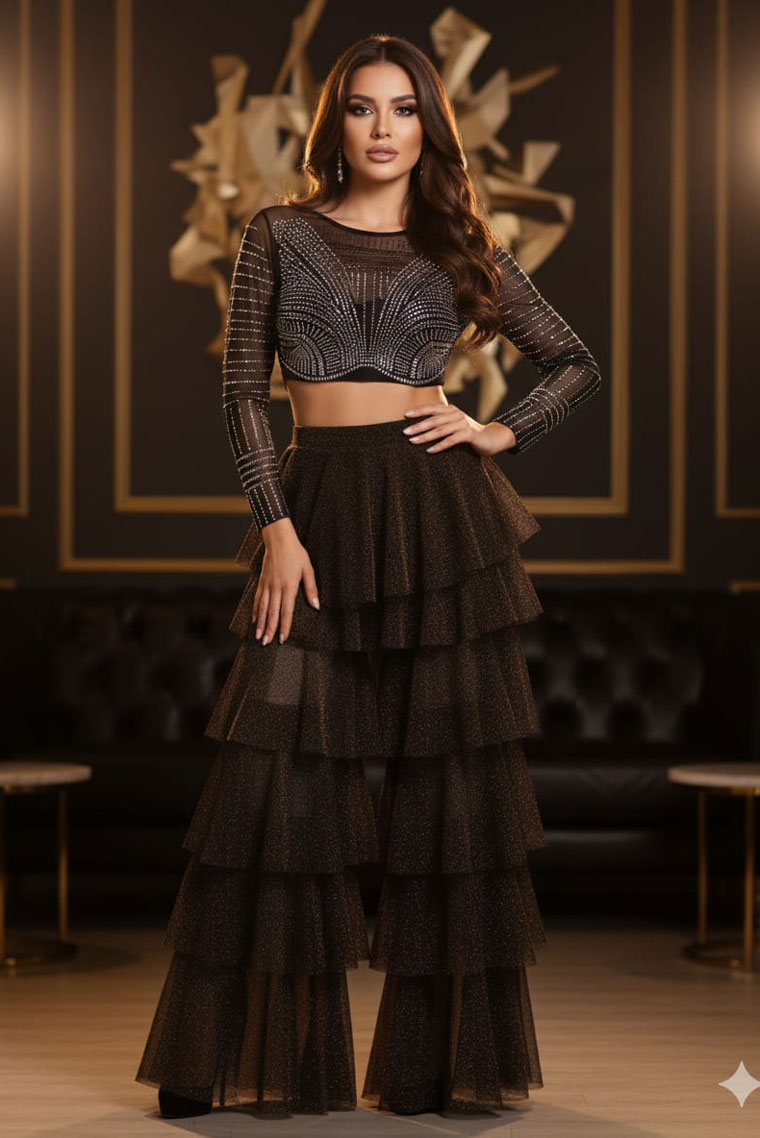 Siyah Taşlı Crop Tül Bluz