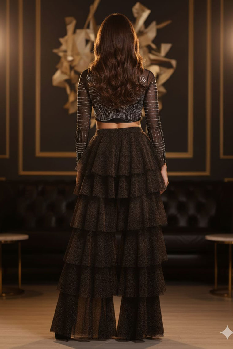 Siyah Taşlı Crop Tül Bluz