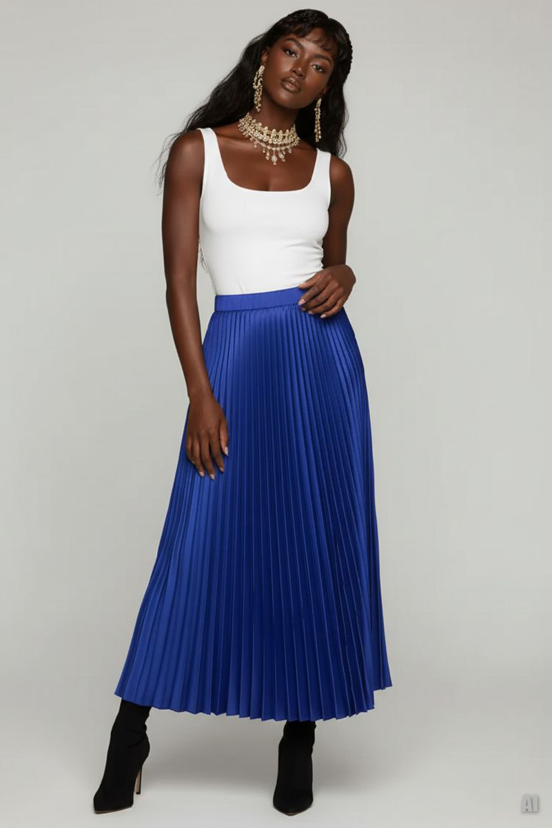 Saks Mavi Beli Lastikli Piliseli Uzun Etek