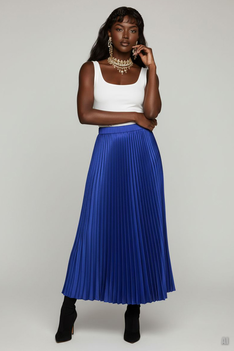 Saks Mavi Beli Lastikli Piliseli Uzun Etek