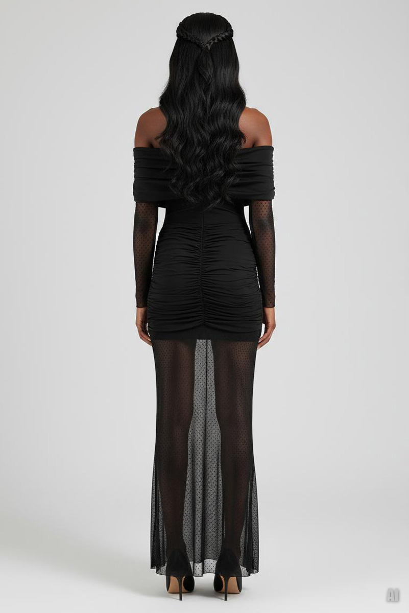 Siyah Balıkçı Yaka Tül Detaylı Uzun Elbise