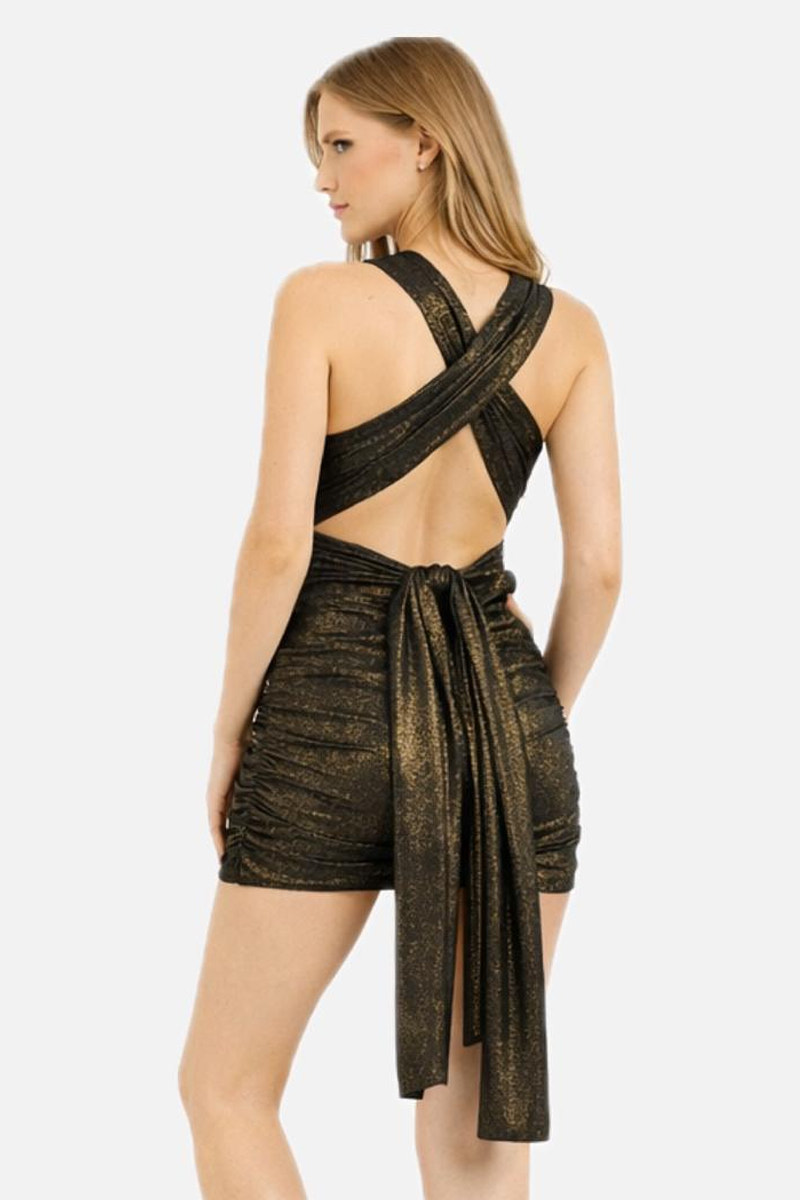 Siyah-Altin Farklı Bağlamalı Büzgülü Mini Elbise