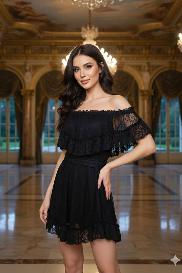 Siyah Kayık Yaka Dantelli Tulum Astarlı Elbise