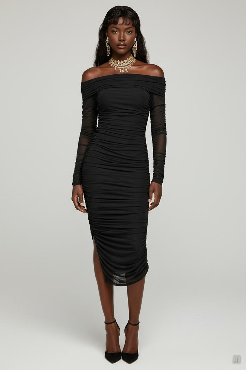 Siyah Madonna Yaka Astarlı Midi Elbise