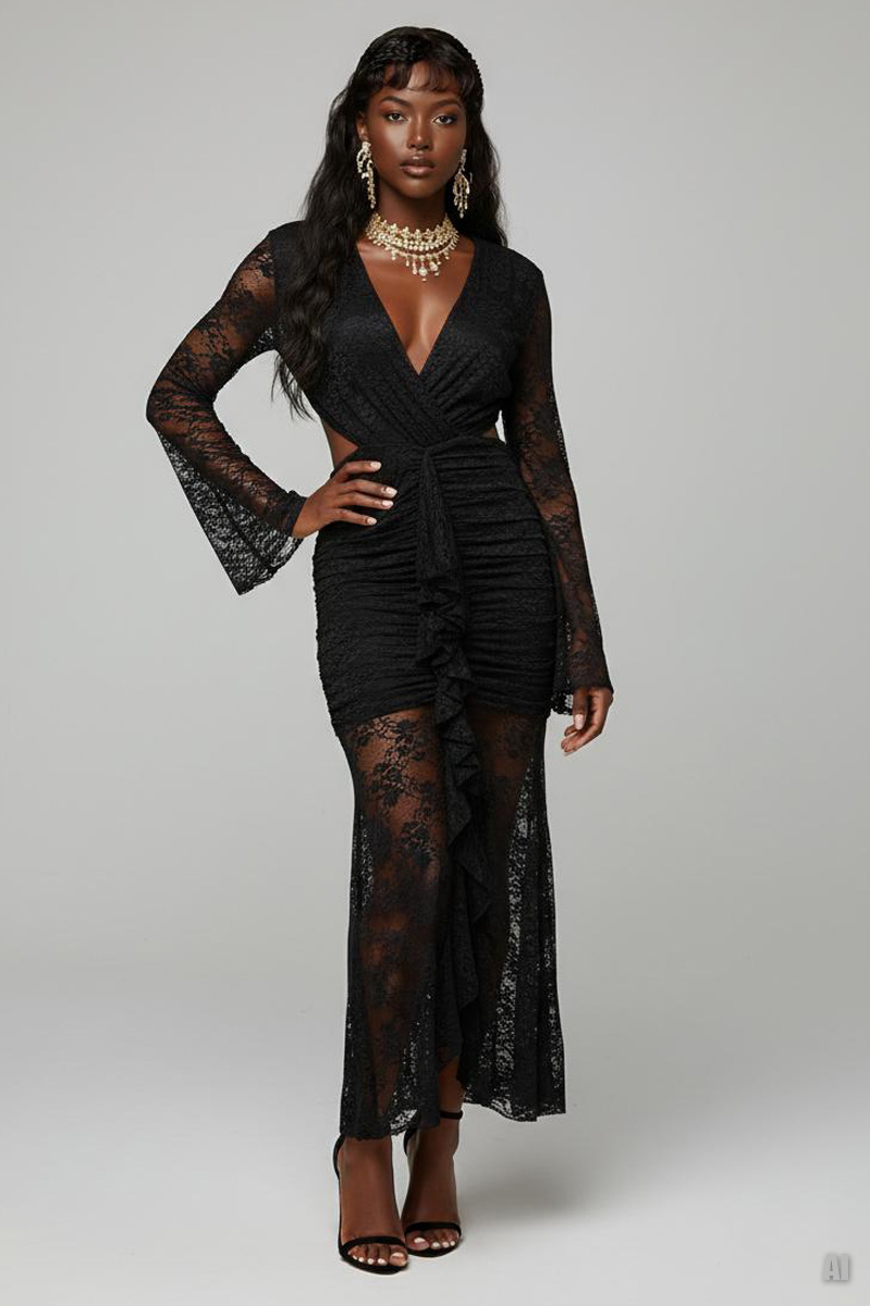 Siyah V Yaka Bel Dekolteli Dantel Elbise