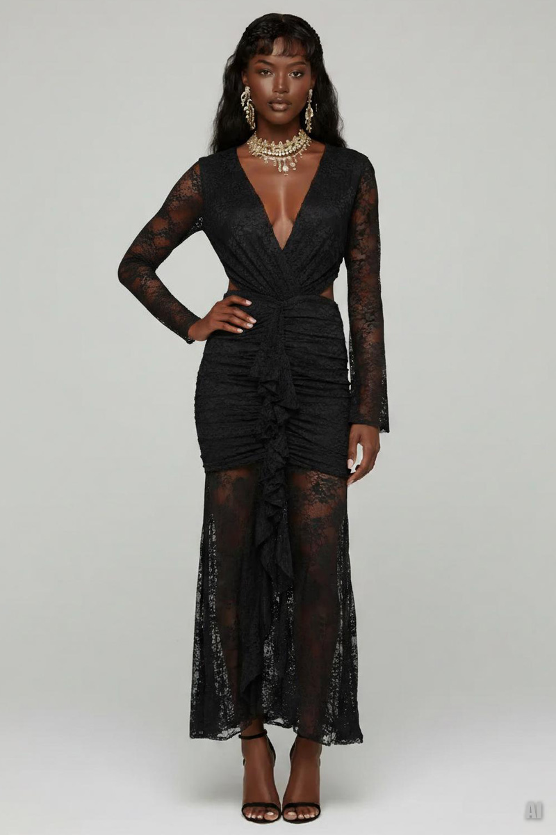 Siyah V Yaka Bel Dekolteli Dantel Elbise