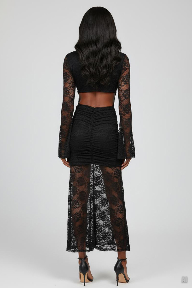 Siyah V Yaka Bel Dekolteli Dantel Elbise