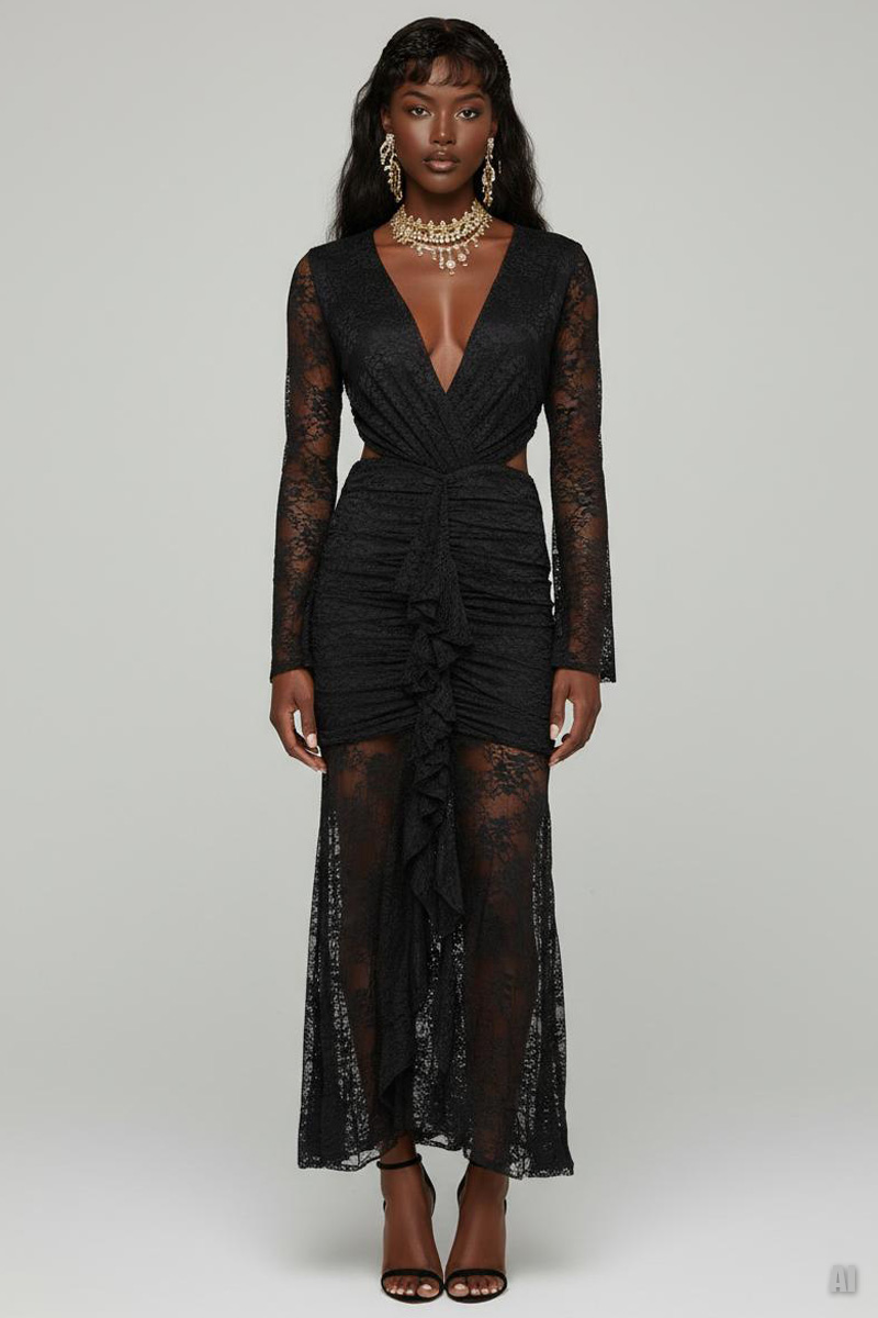 Siyah V Yaka Bel Dekolteli Dantel Elbise