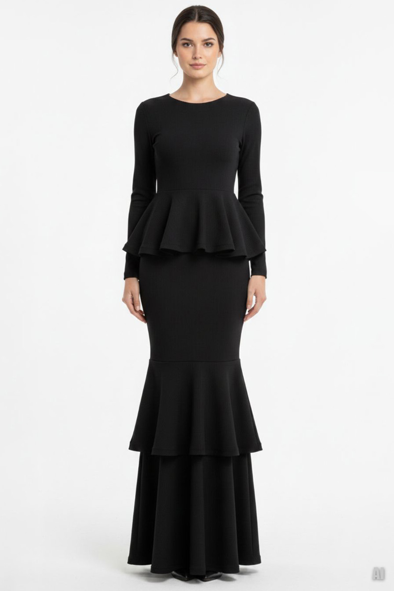 Siyah Sırt Degajeli Katlı Volan Detaylı Uzun Elbise