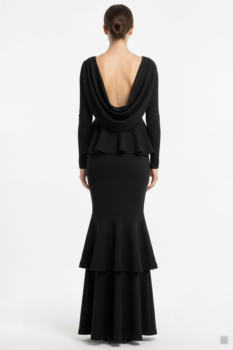 Siyah Sırt Degajeli Katlı Volan Detaylı Uzun Elbise