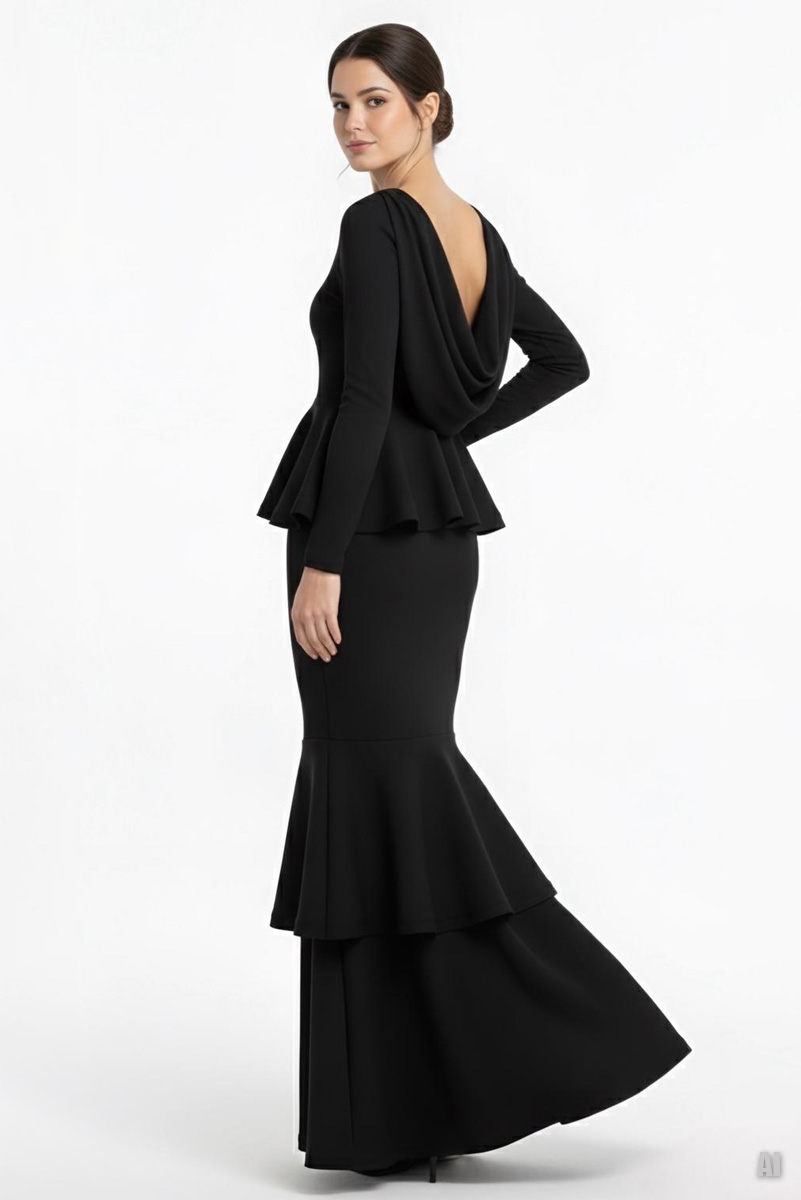 Siyah Sırt Degajeli Katlı Volan Detaylı Uzun Elbise