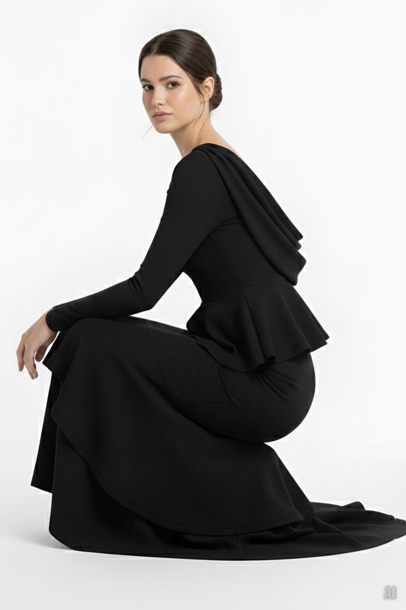 Siyah Sırt Degajeli Katlı Volan Detaylı Uzun Elbise