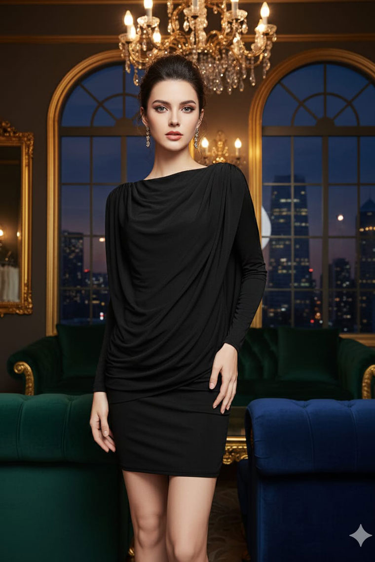 Siyah Sırt Dekolteli Uzun Kollu Dökümlü Elbise