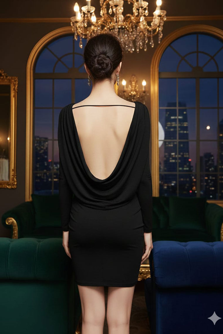 Siyah Sırt Dekolteli Uzun Kollu Dökümlü Elbise