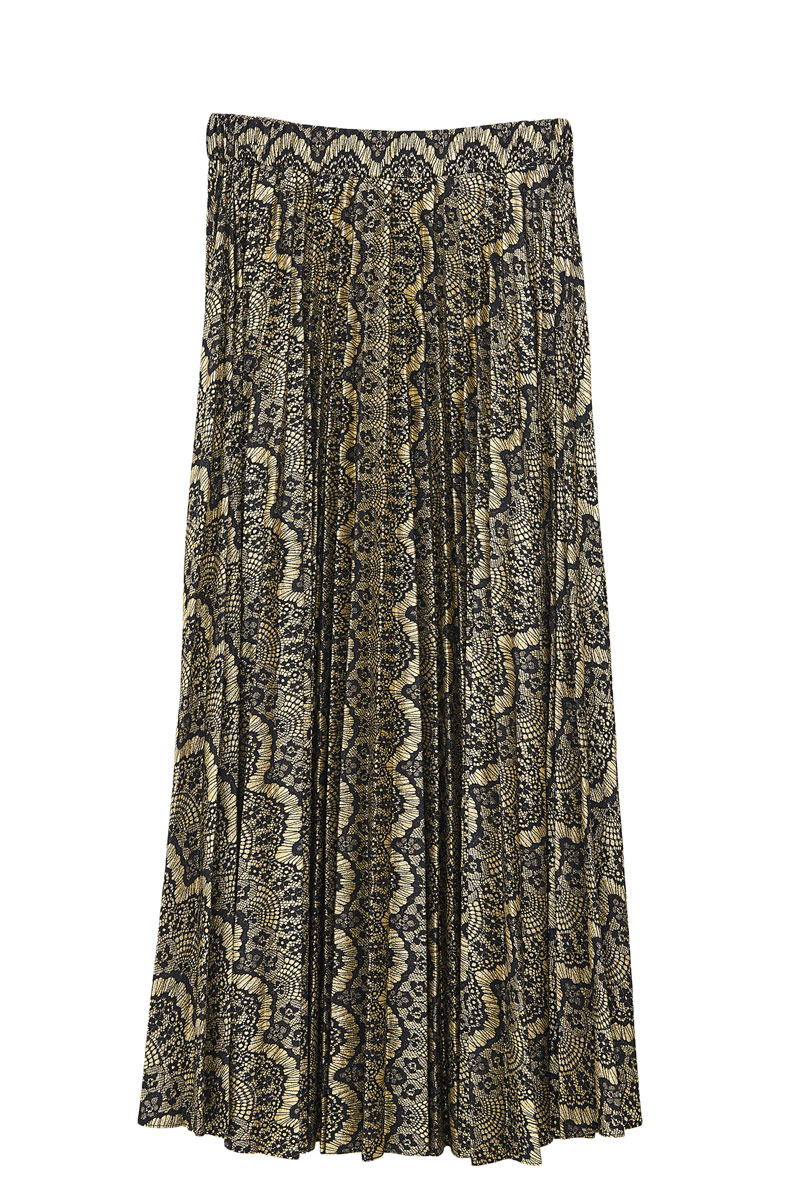 Siyah-Altin Desenli Pileli Uzun Etek
