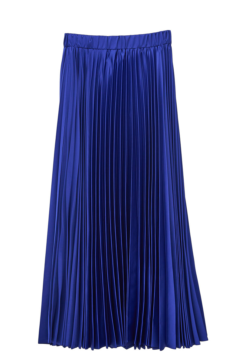 Saks Mavi Beli Lastikli Piliseli Uzun Etek