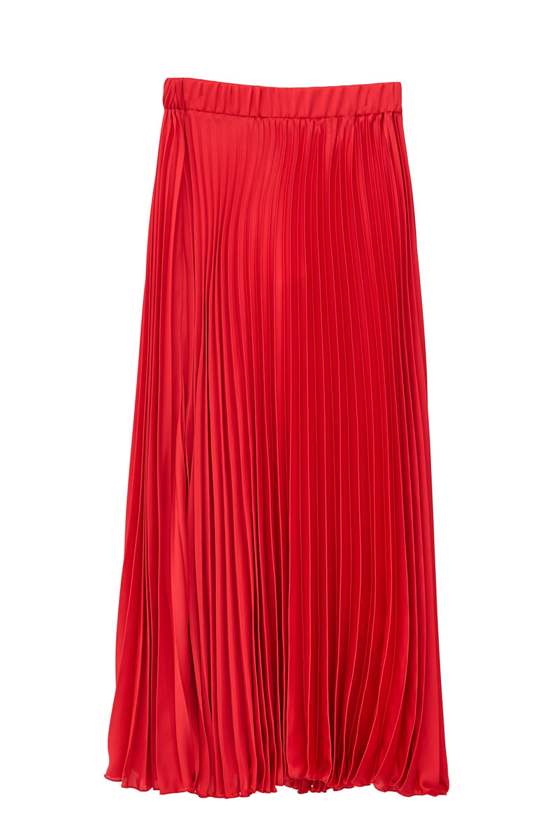 Kırmızı Beli Lastikli Pileli Uzun Etek