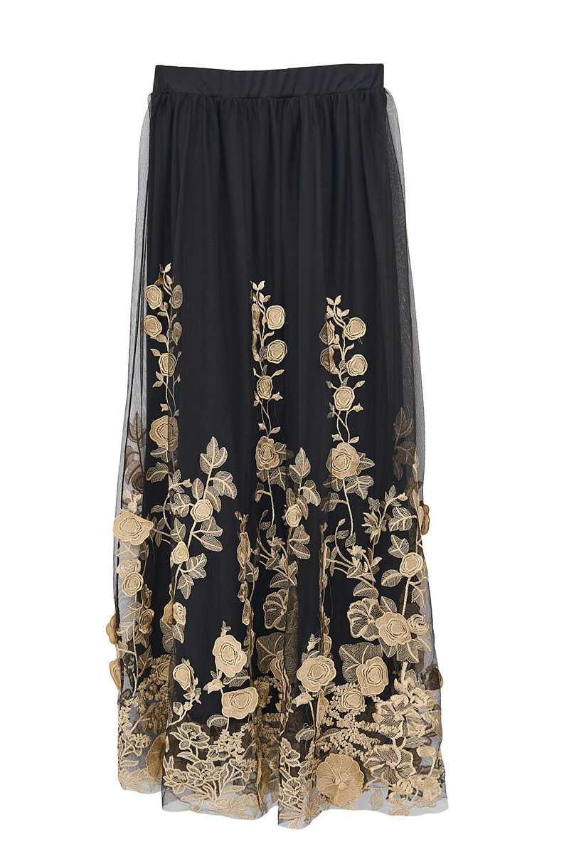 Siyah Çiçek İşlemeli Uzun Tül Etek