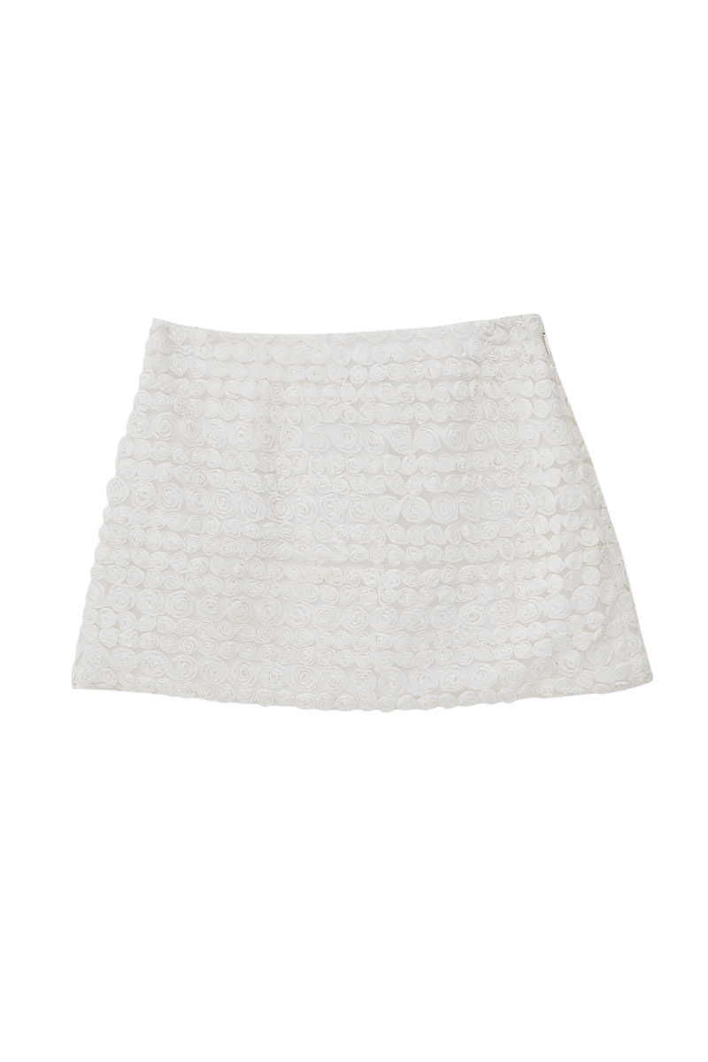 Off white Astarlı Gül Detaylı Mini Etek