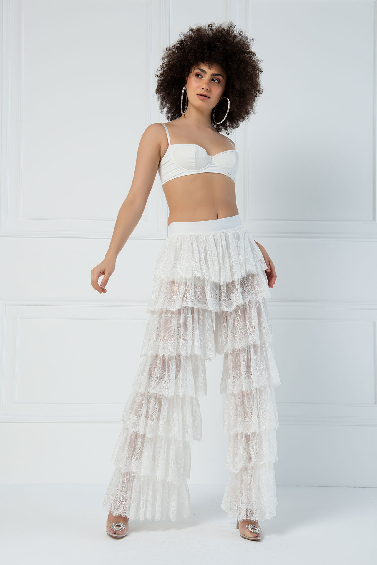 Tiered Ruffle Offwhite Lace Pants 