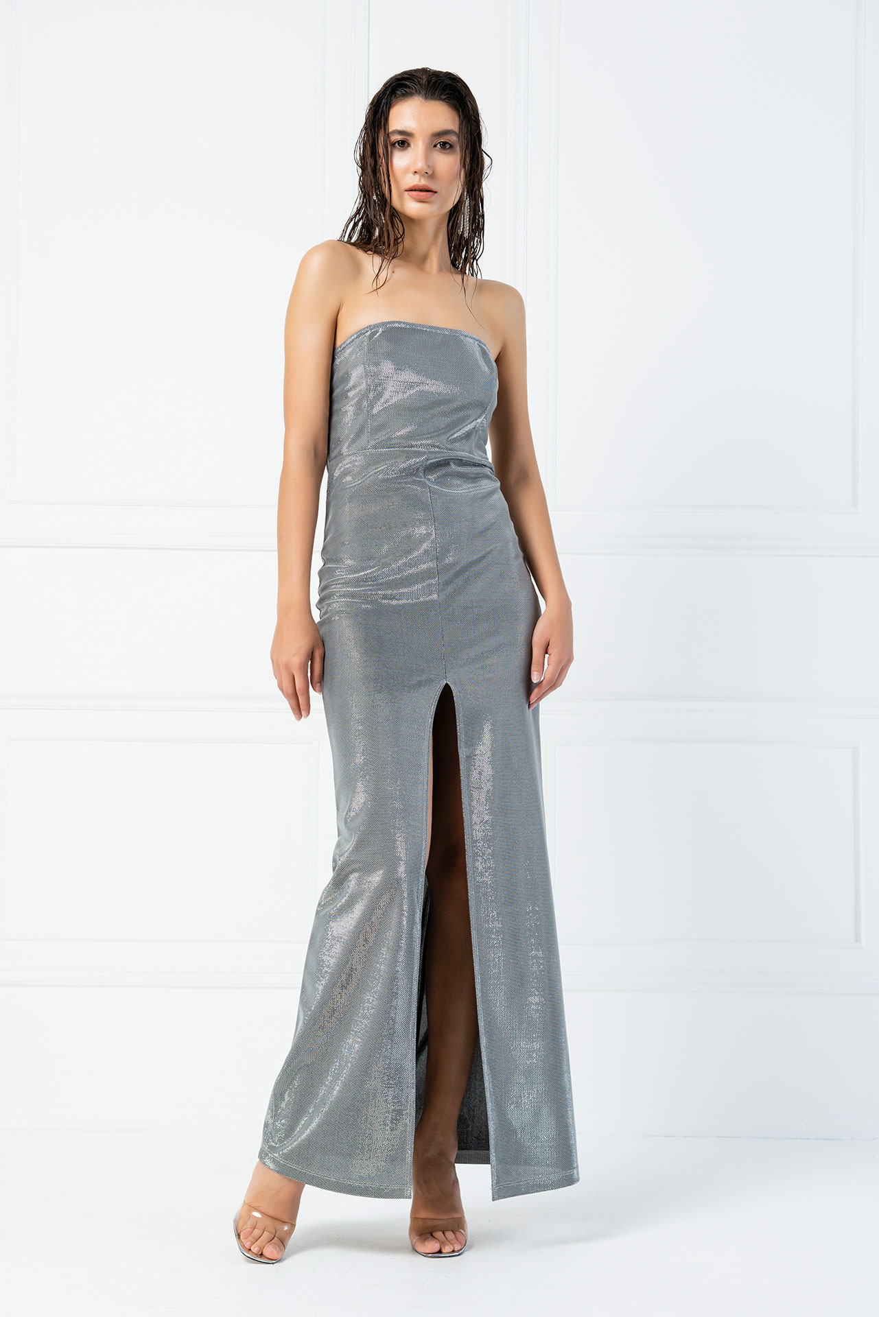 silver split dress