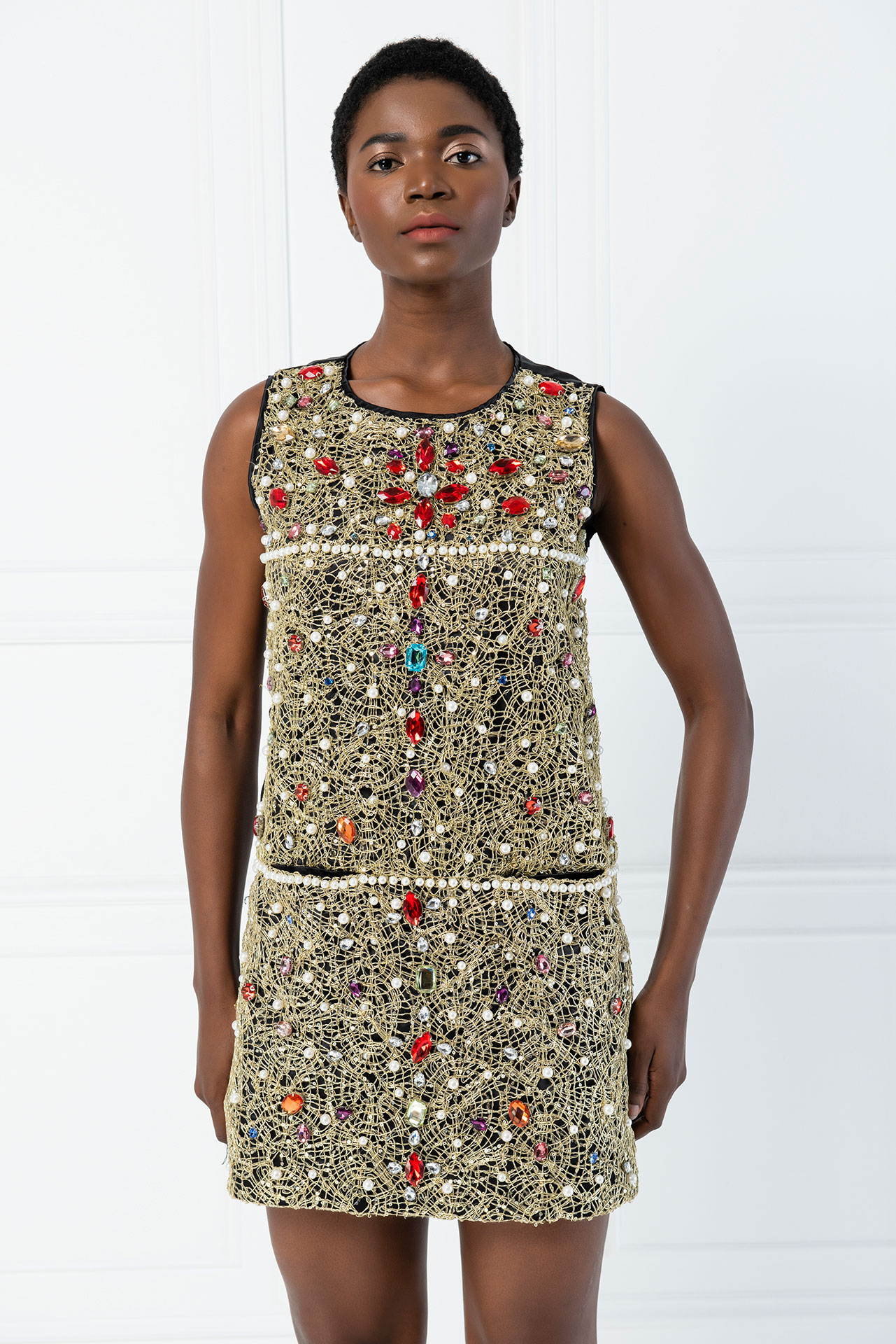 Colorful Stone Embroidered Black-Gold Mini Dress | Kikiriki