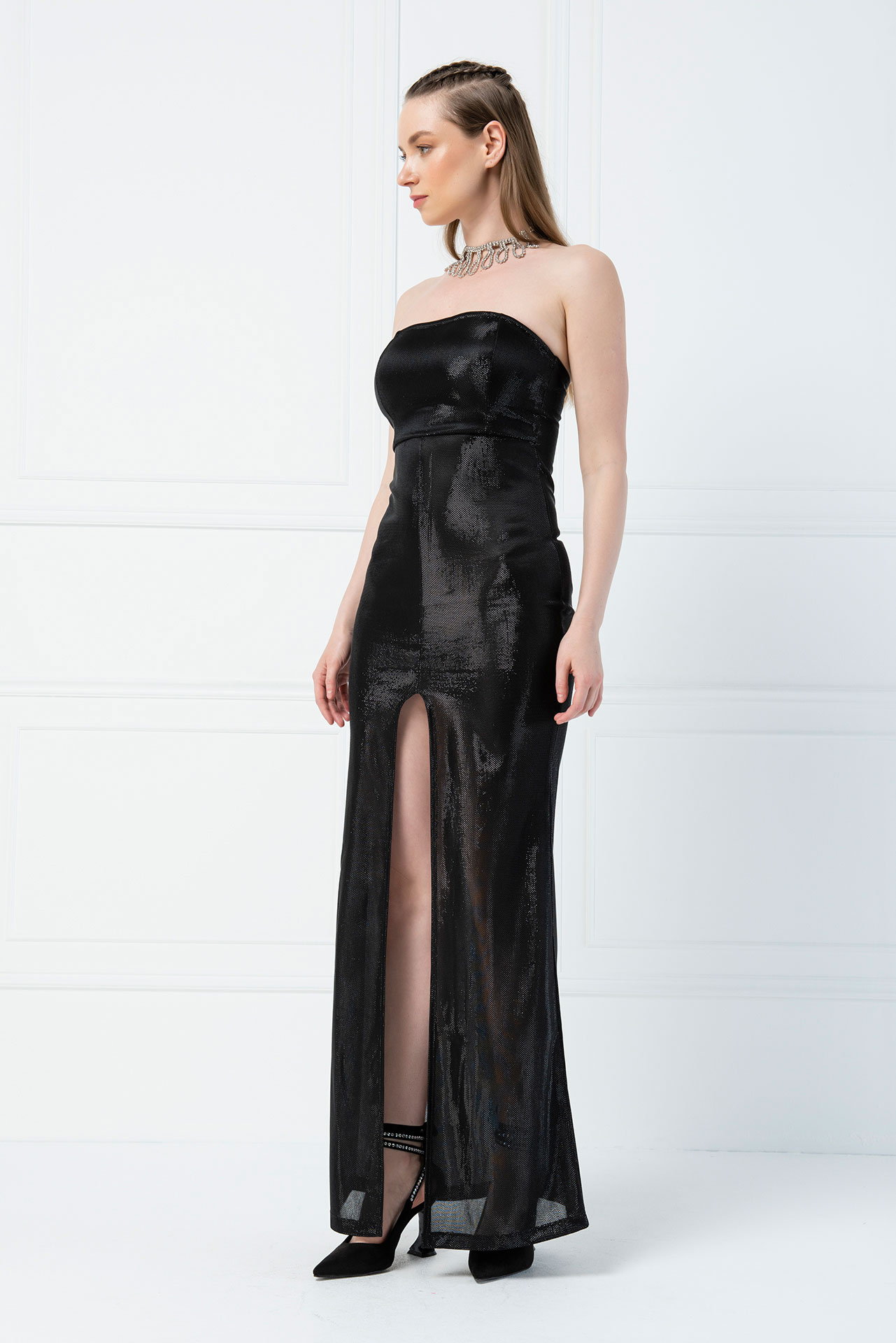 black dress with front split