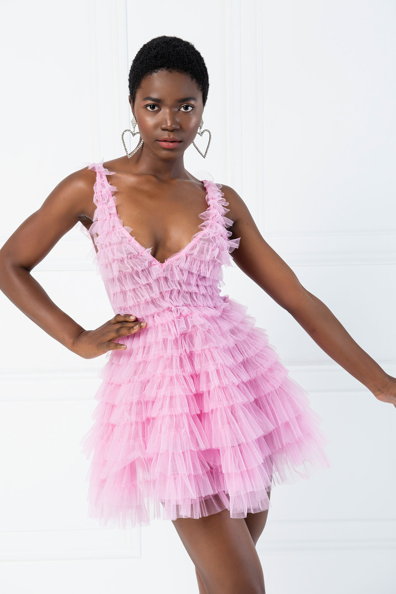 New Pink Tiered Ruffle Plunging Tulle ...