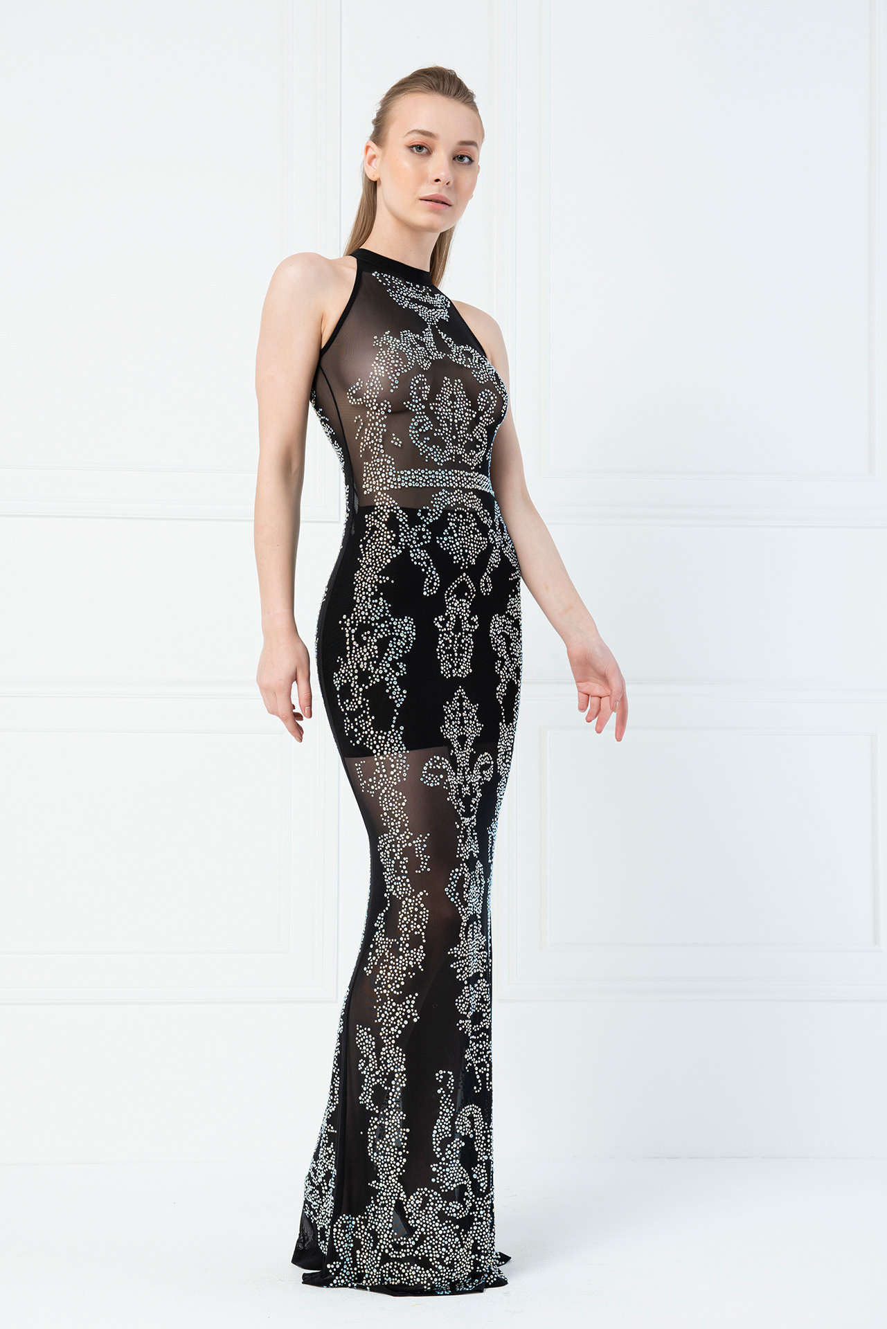 black sheer rhinestone dress