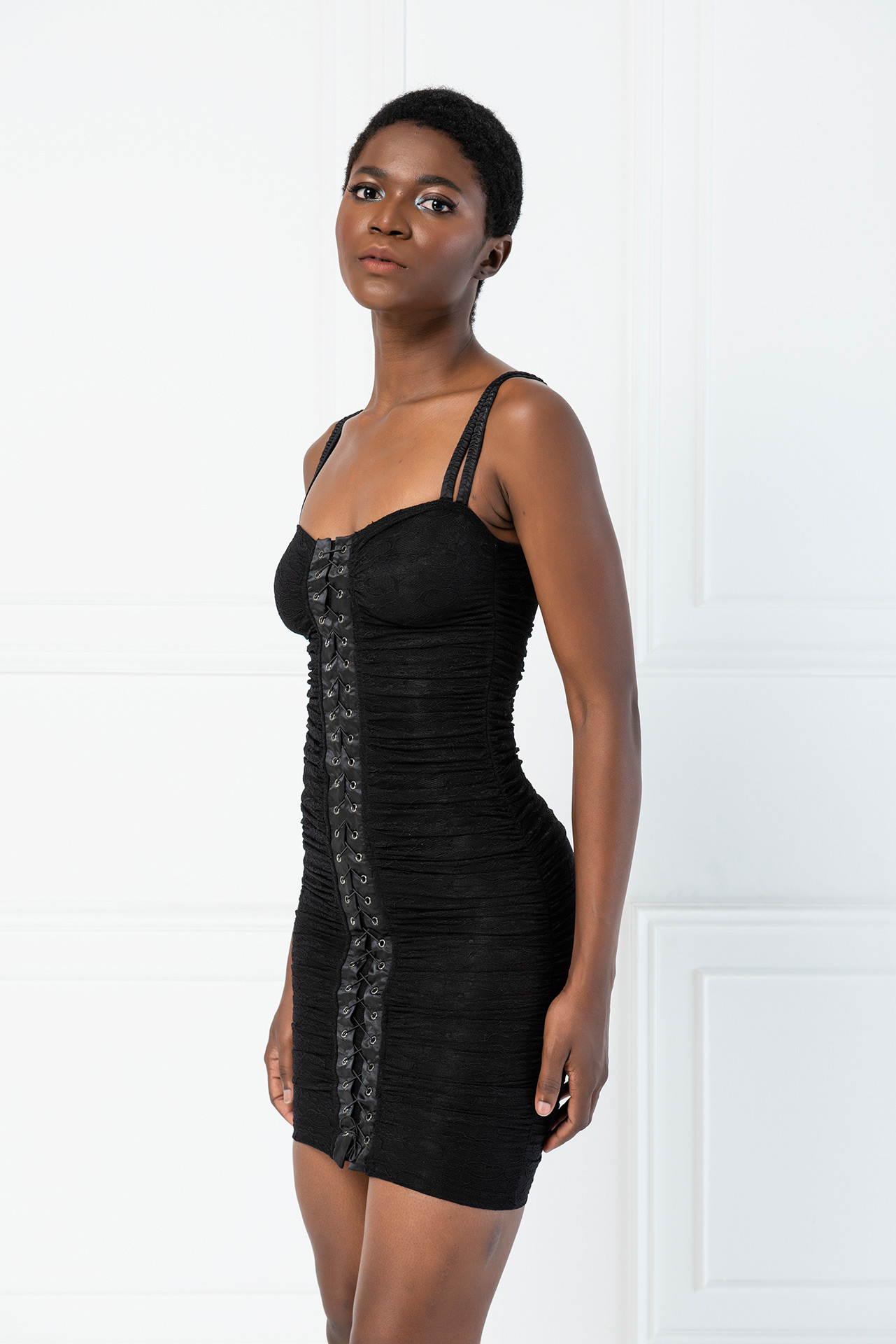 Bodycon Shoulder Strap Black Gathered Mini Dress