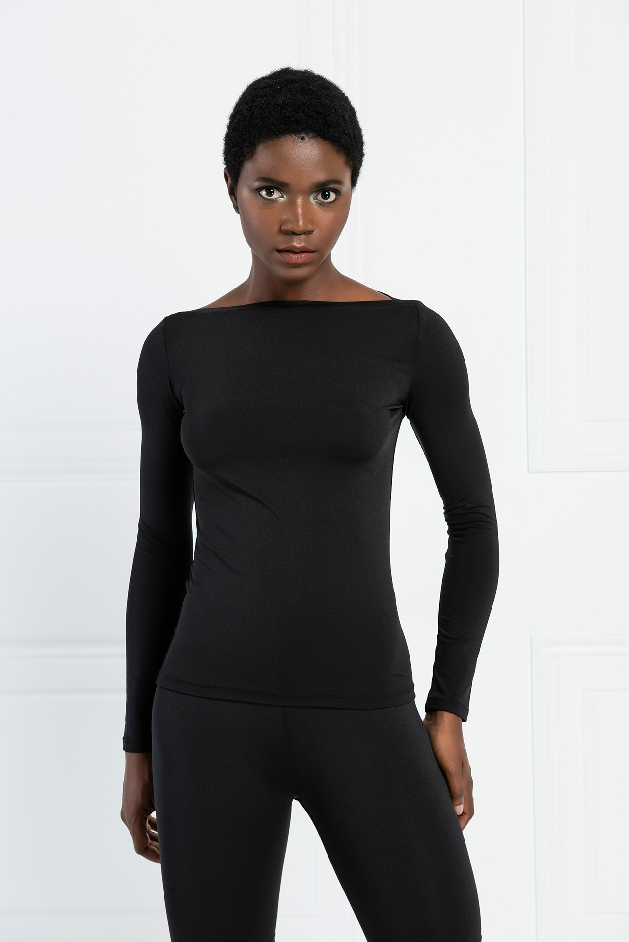 Boat Neck Long Sleeve Black Top