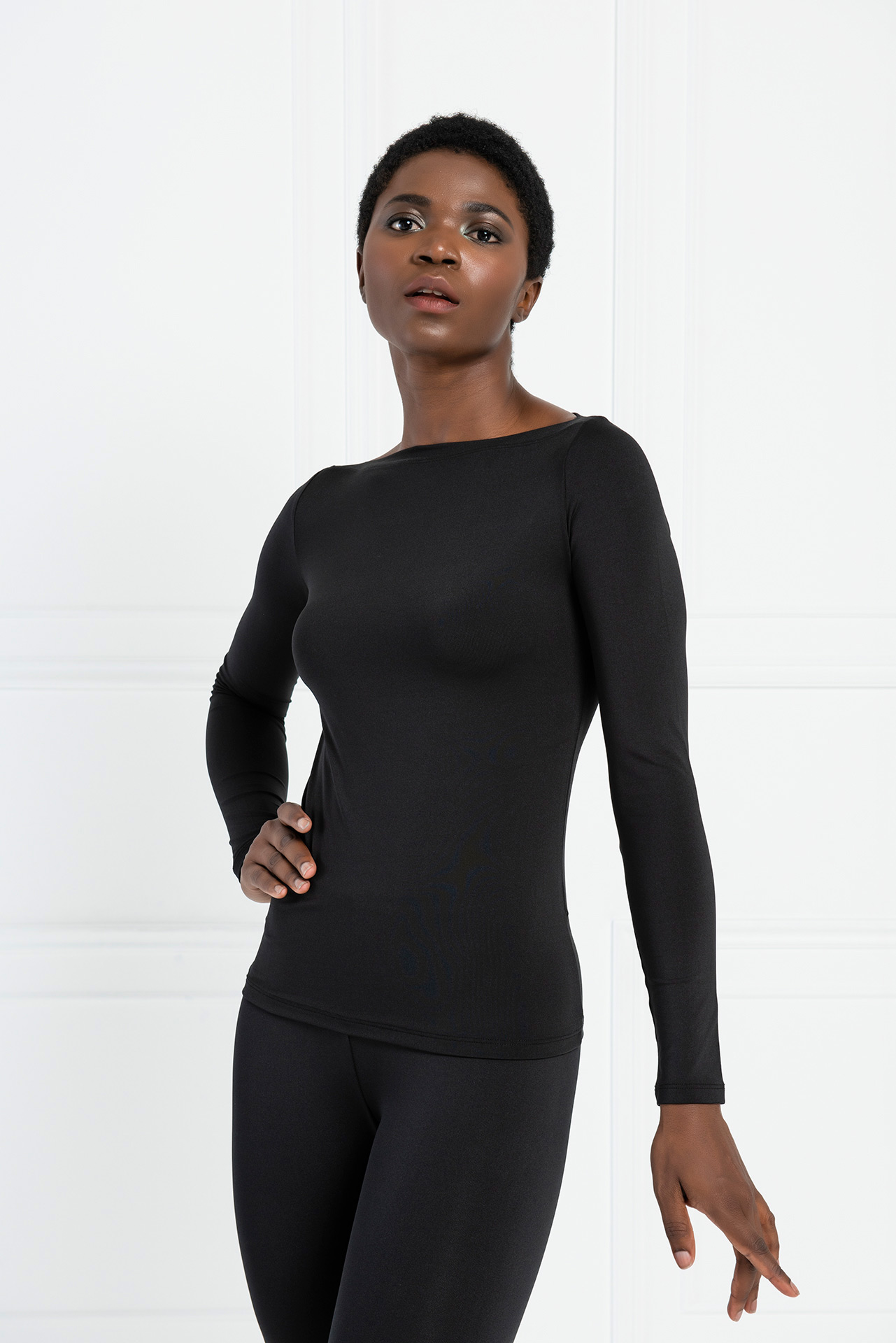 Boat Neck Long Sleeve Black Top
