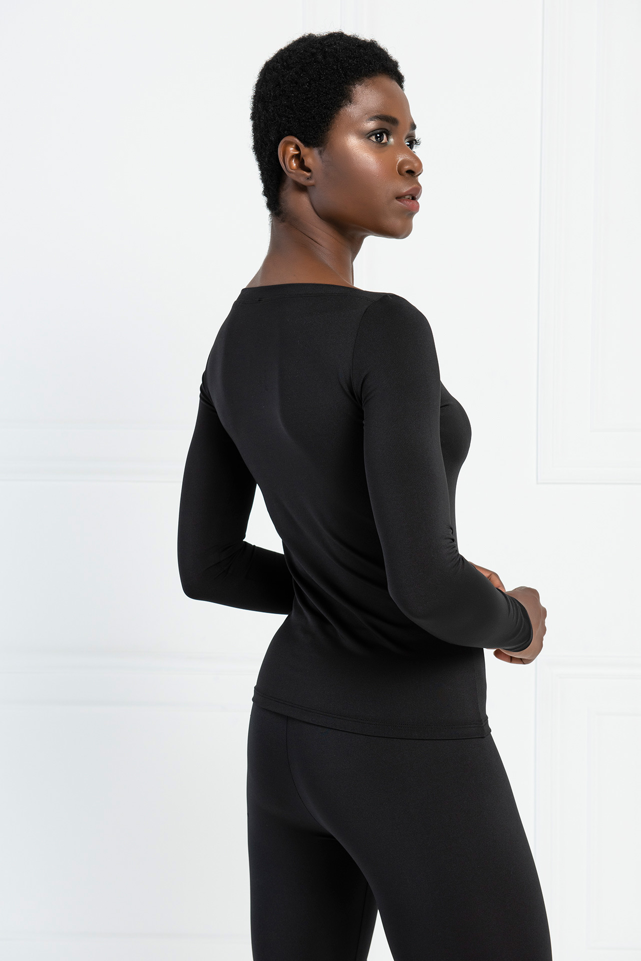 Boat Neck Long Sleeve Black Top