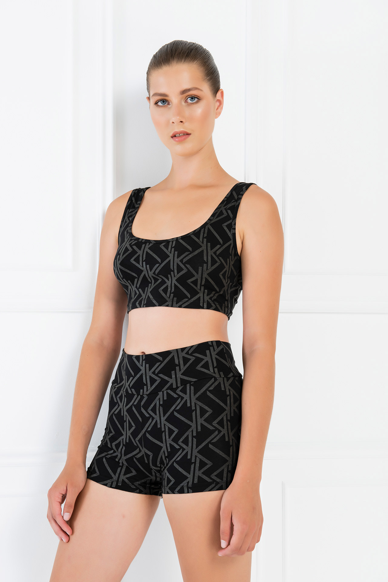 Patterned Black Mini Biker Shorts 