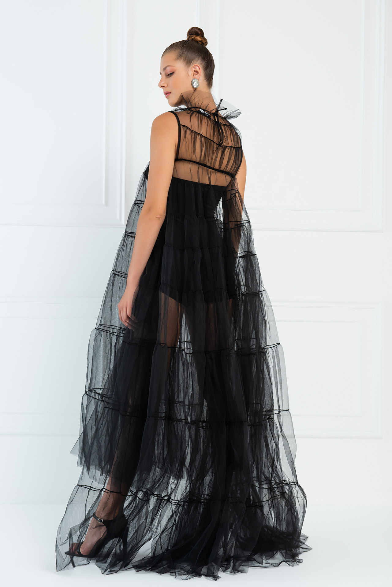 Crew Neck Tulle Black Maxi Dress | Kikiriki