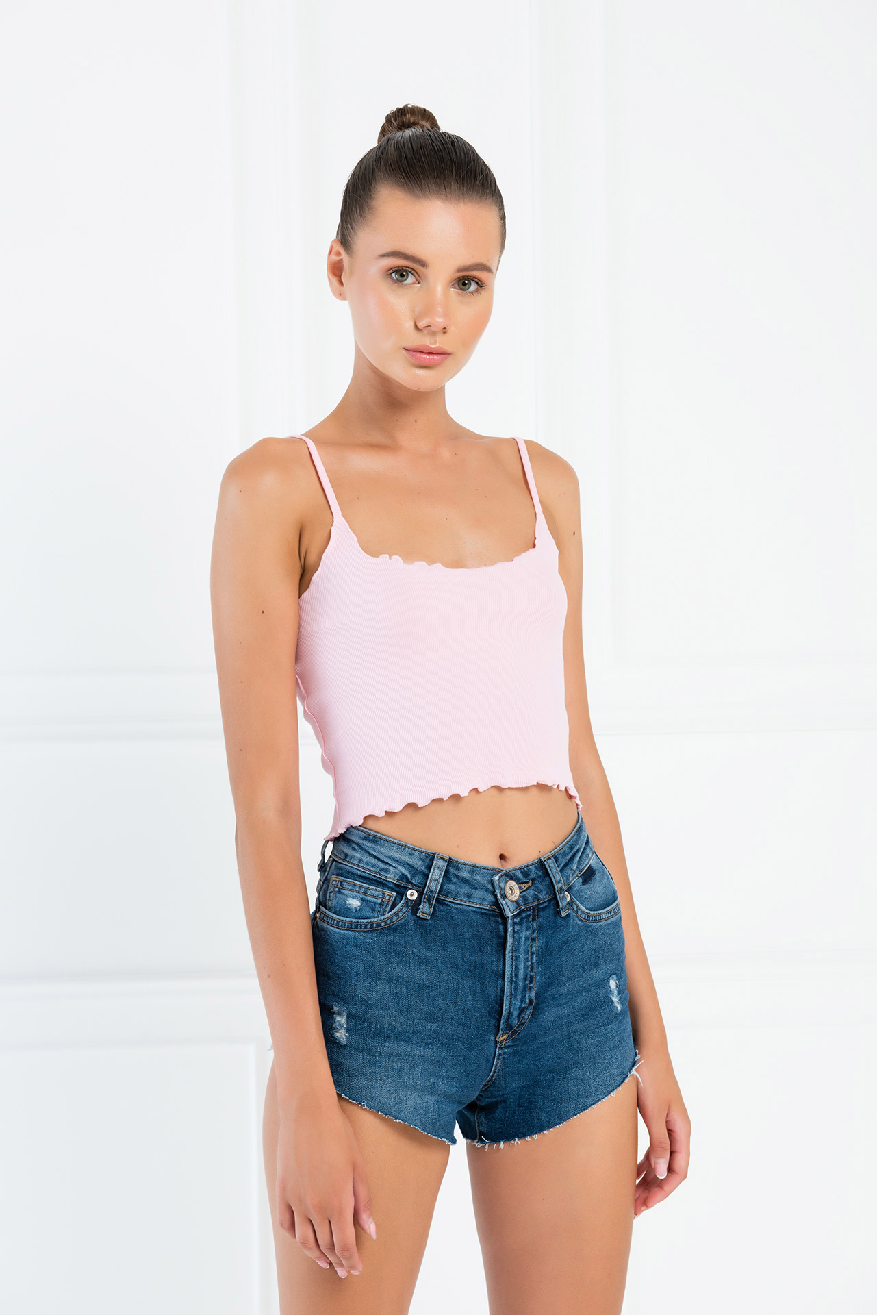 Pink Ruffle-Trim Crop Cami