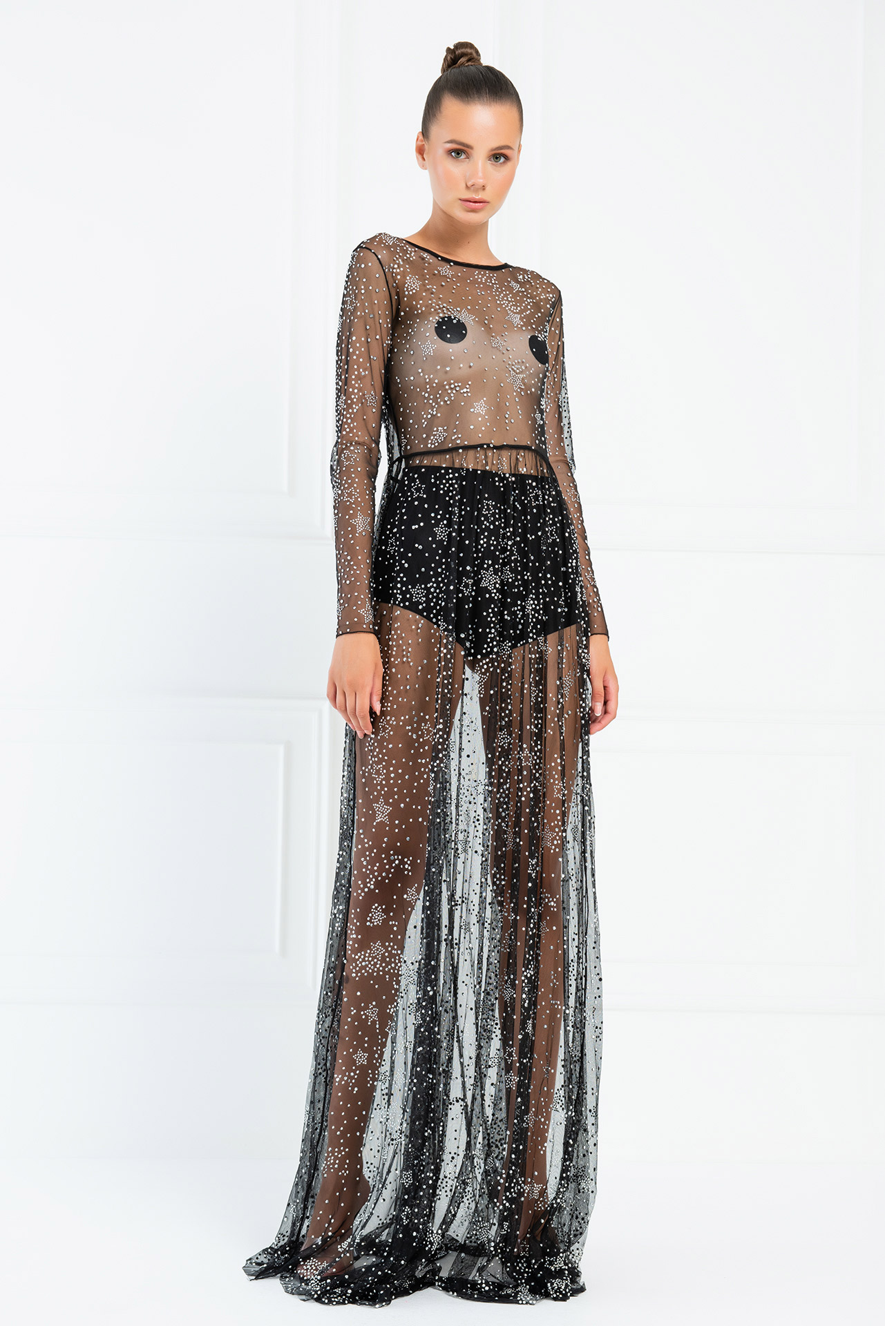 Sheer Star Embellished Dress In Black