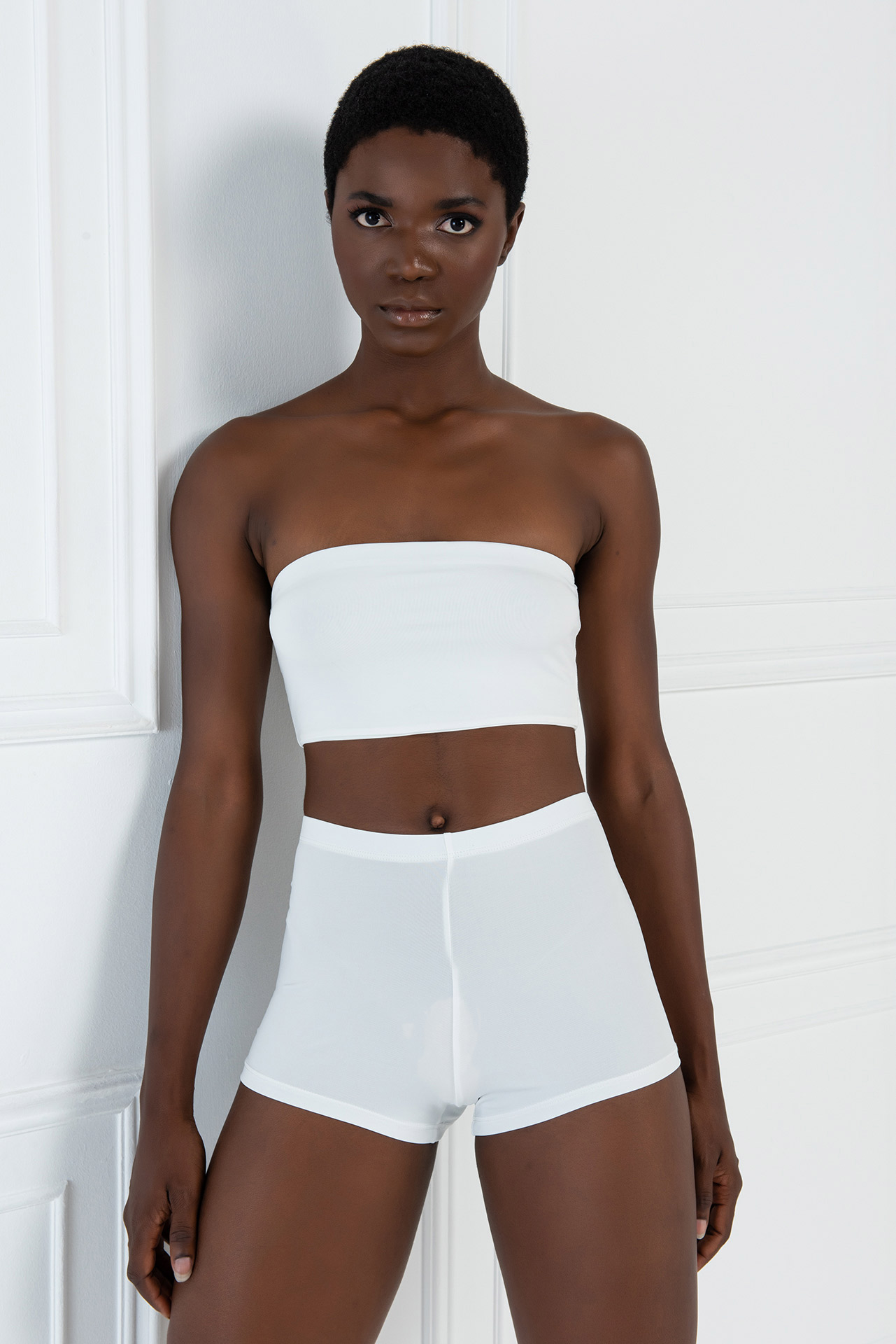 Basic Offwhite Bandeau And Booty Shorts Set