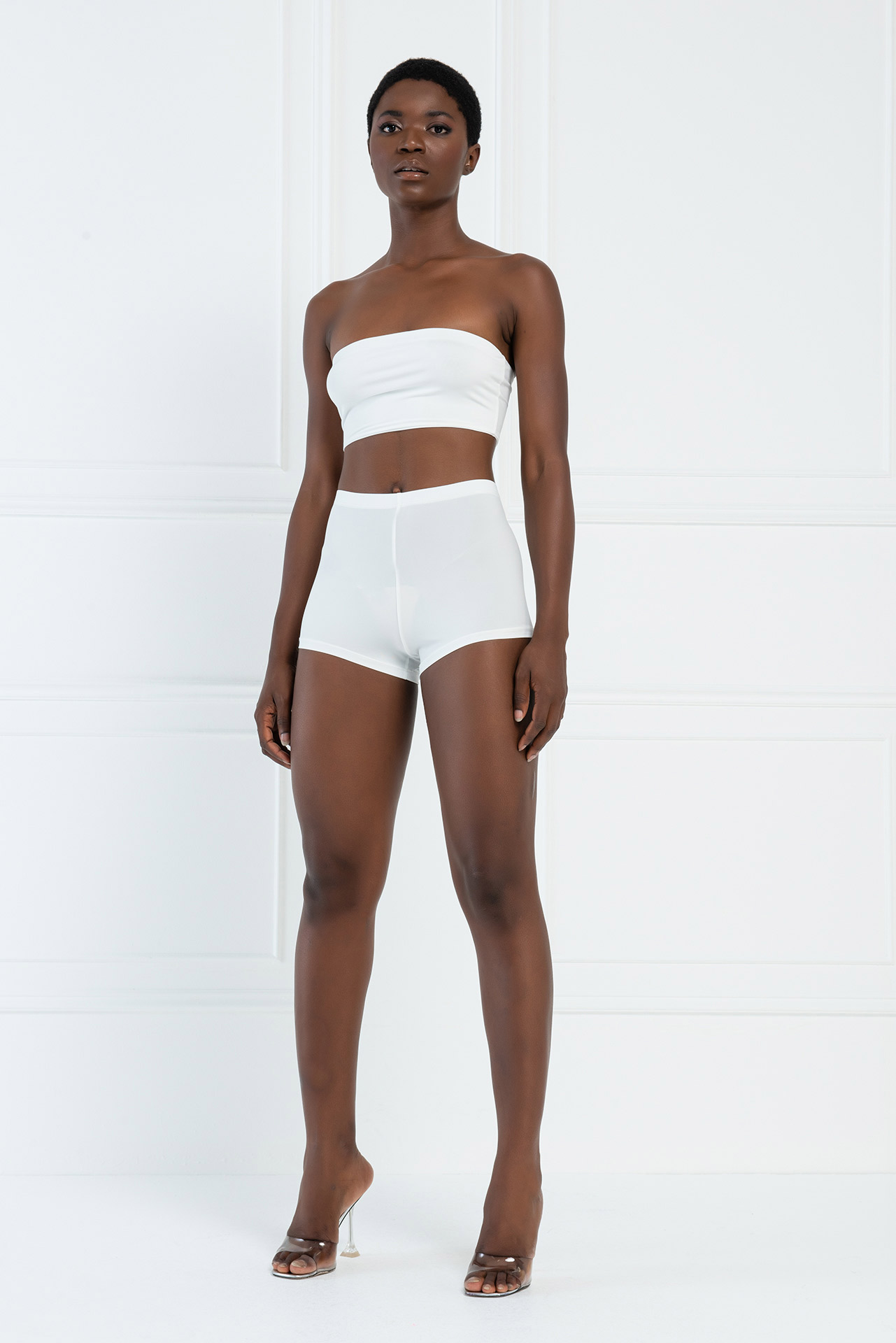 Basic Offwhite Bandeau And Booty Shorts Set
